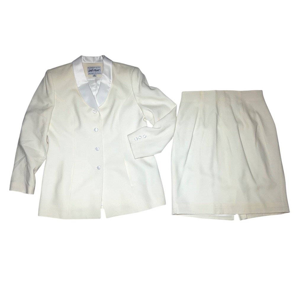 Lord & Taylor American Petite Cream White 100% Wool Skirt Suit Satin Trim 14P